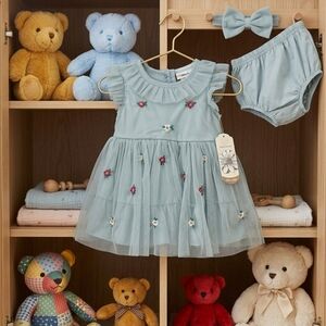 Daisy Fuentes Pale Blue Floral Embroidered Tulle Dress, S6/9m, NWT